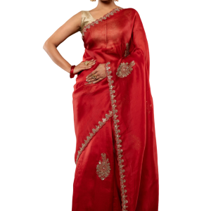 Burgundy Red Organza Saree with All-Over Antique Butta & Border Work | Pure Organza | Jaipurio Solid Saree